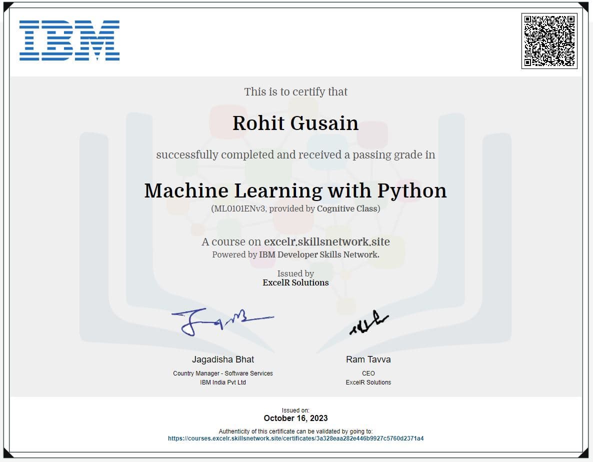 Machine Learning with Python certificate preview