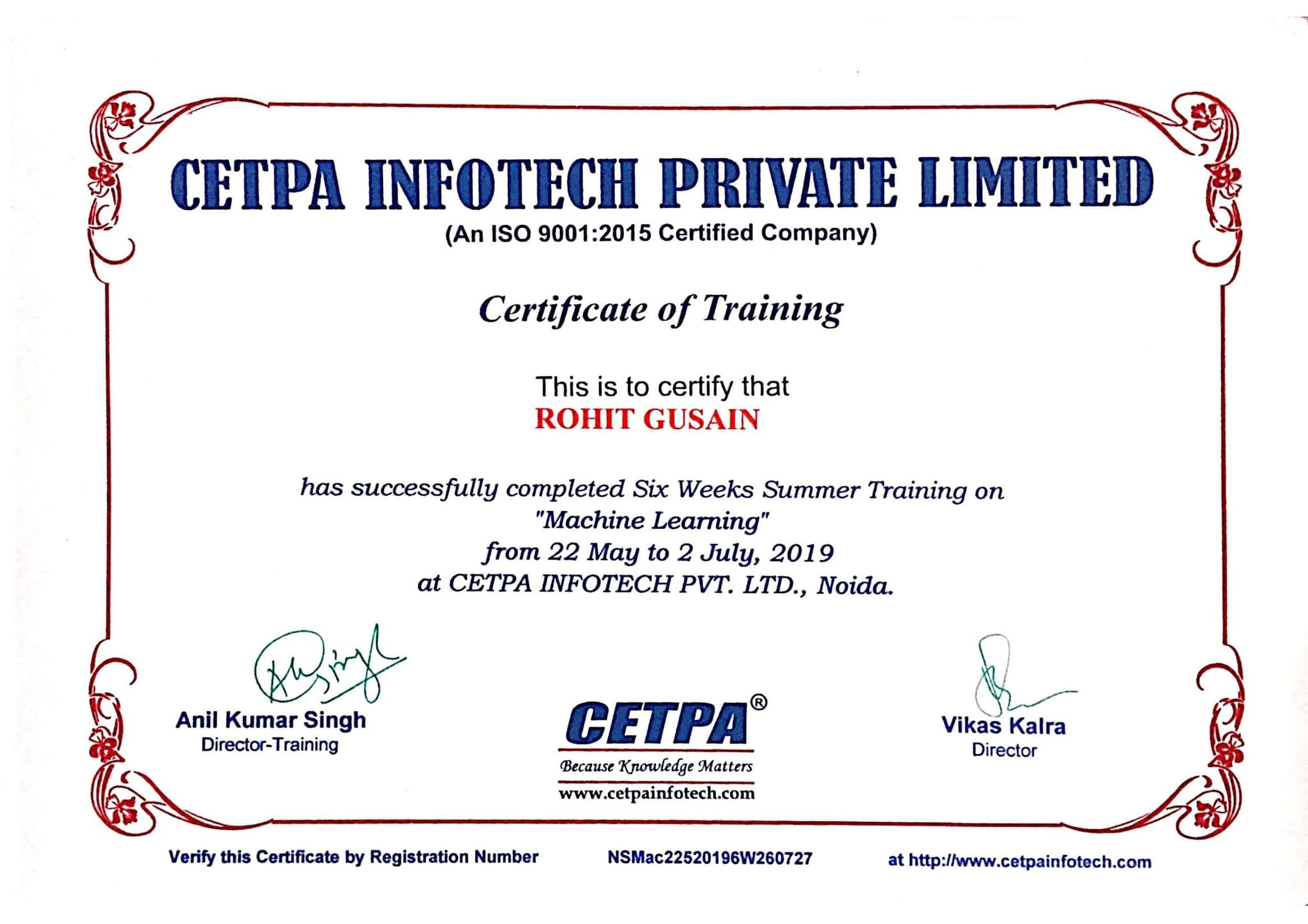 Machine Learning certificate preview